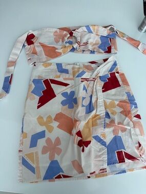 Peppermayo Two-Piece Floral Geometric Print Set in Cream, Blue & Red